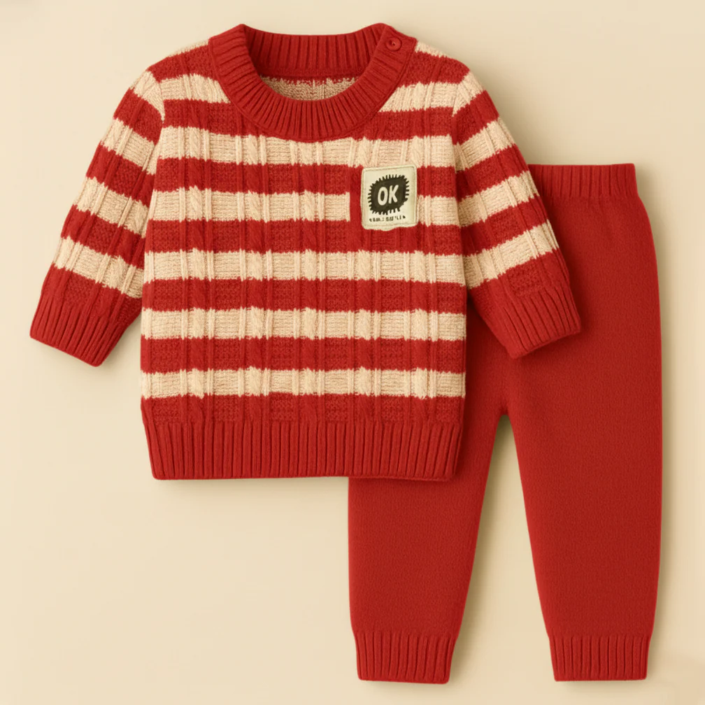 Baby Woolen Pajama Set Stripes Stripes Red - Sunshine