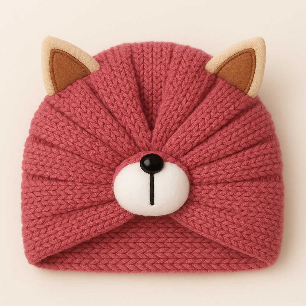 Baby Woolen Turban Cap Bear Dark Peach - Sunshine