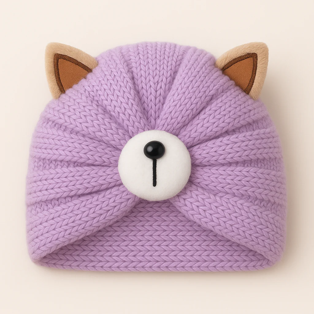 Baby Woolen Turban Cap Bear Purple - Sunshine