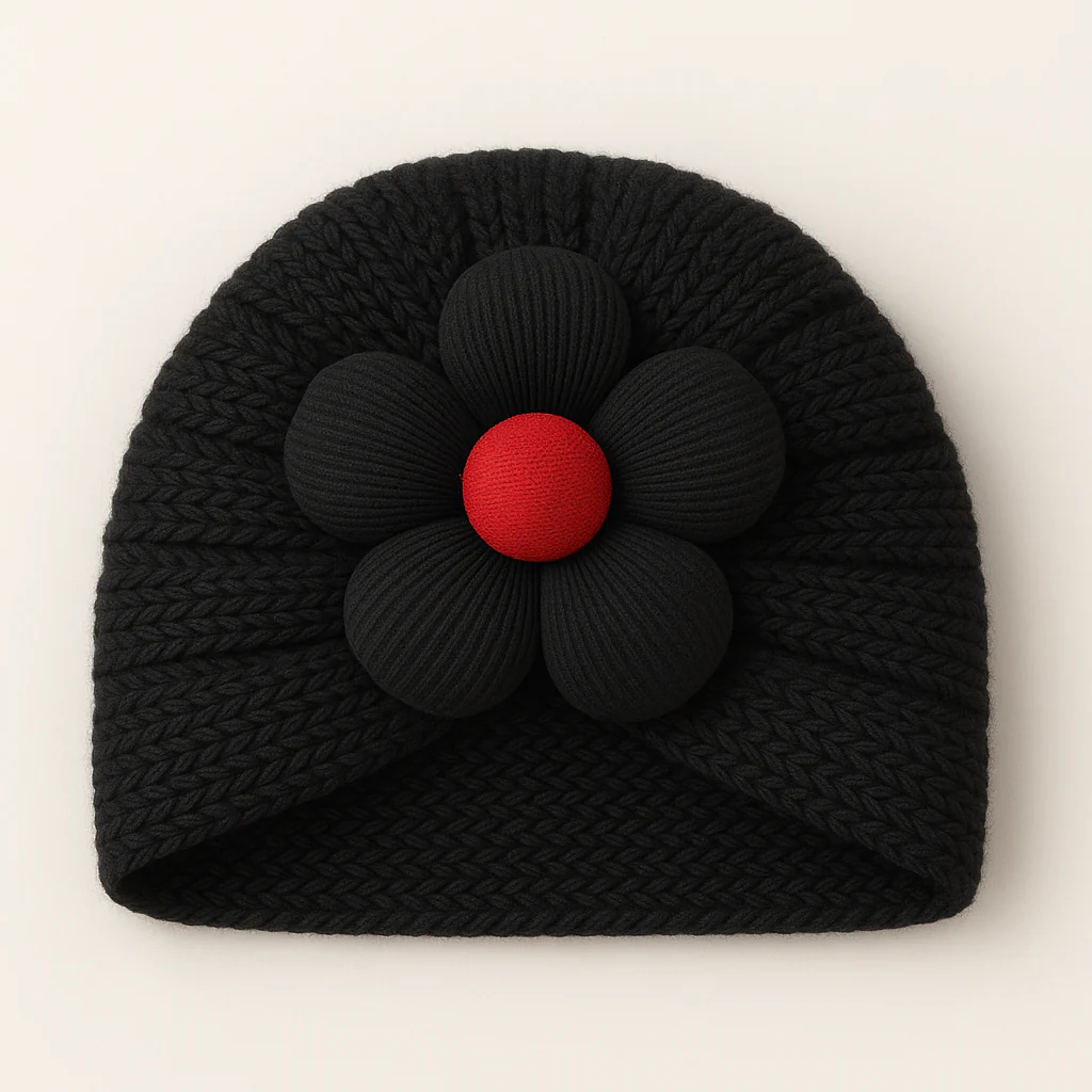 Baby Woolen Turban Cap Flower Black - Sunshine
