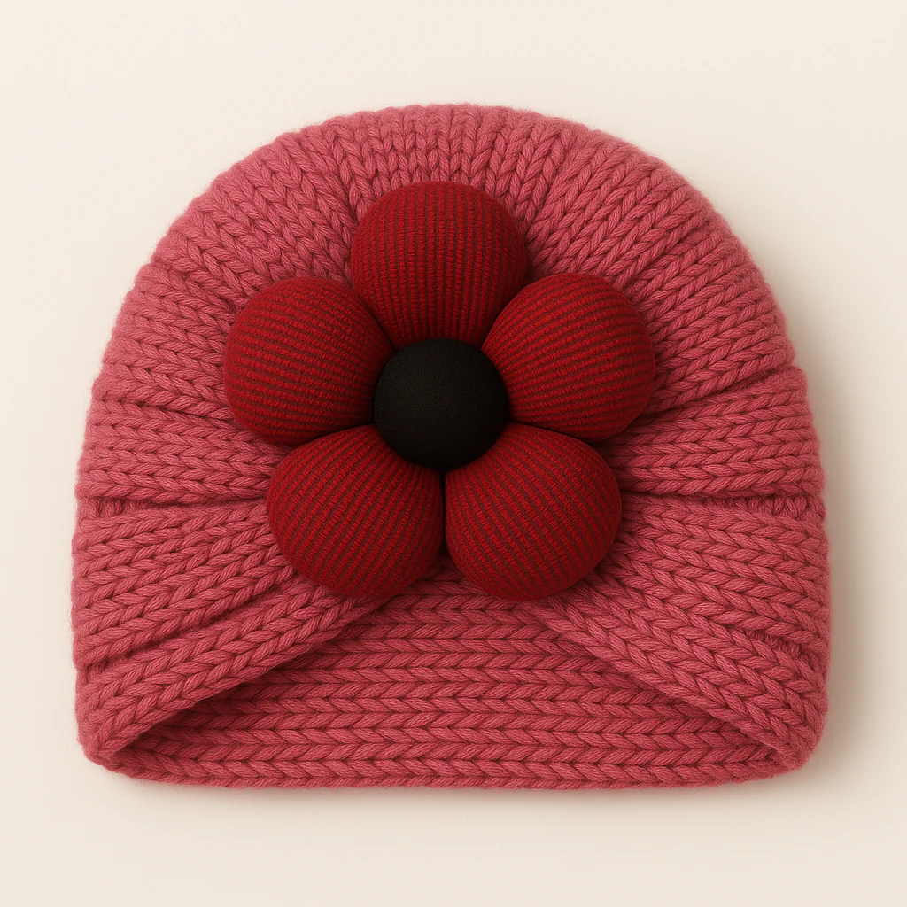 Baby Woolen Turban Cap Flower Dark Peach - Sunshine