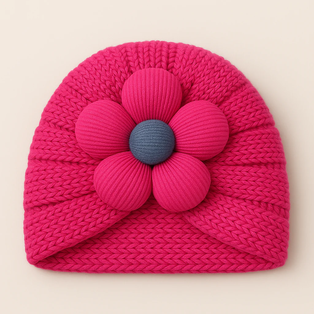 Baby Woolen Turban Cap Flower Dark Pink - Sunshine