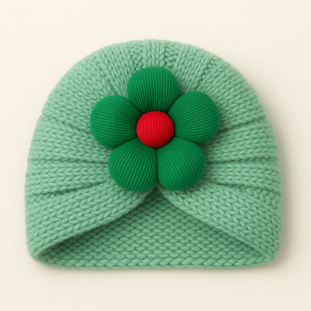 Baby Woolen Turban Cap Flower Sea Green - Sunshine