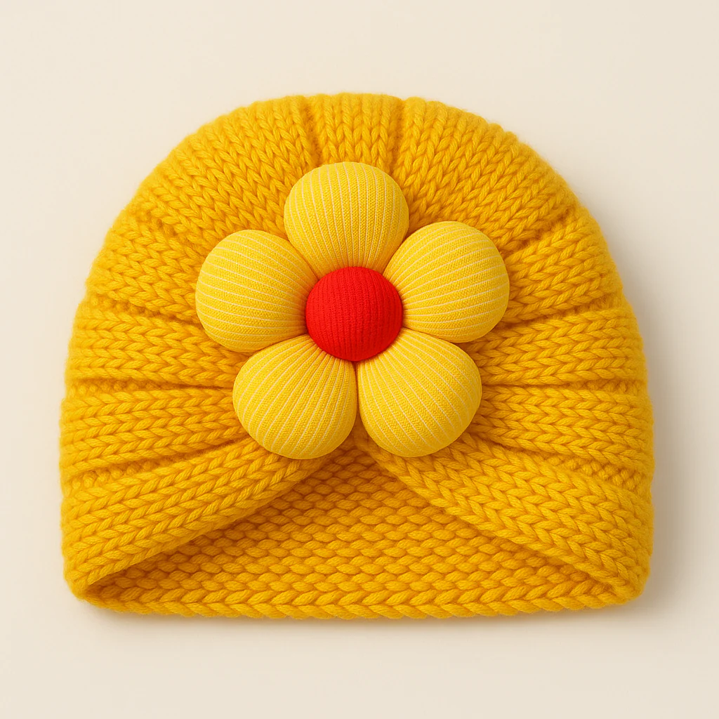 Baby Woolen Turban Cap Flower Yellow - Sunshine