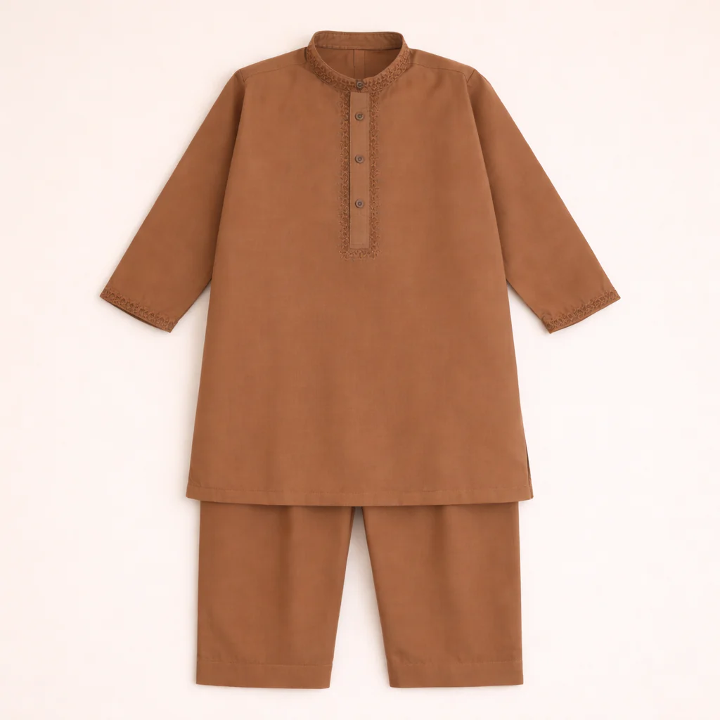 Boys Embroidered Kurta Pajama Set Brown - Topse