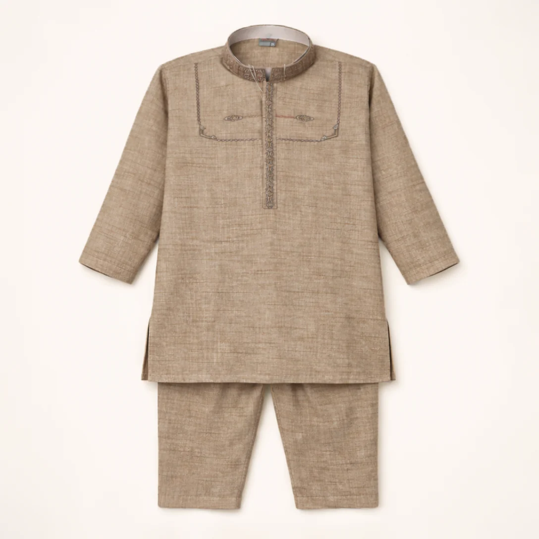Boys Embroidered Kurta Pajama Set Brown - Topse