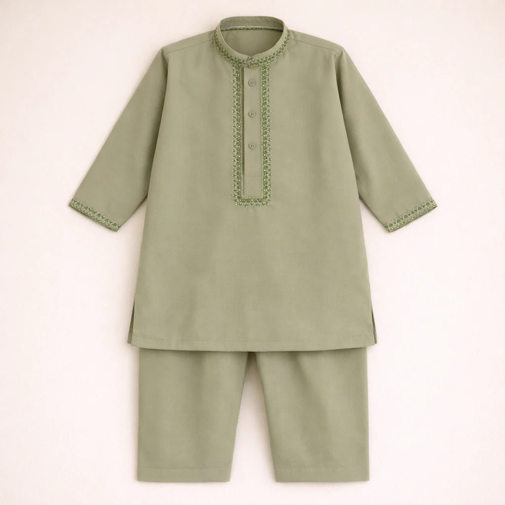 Boys Embroidered Kurta Pajama Set Green - Topse