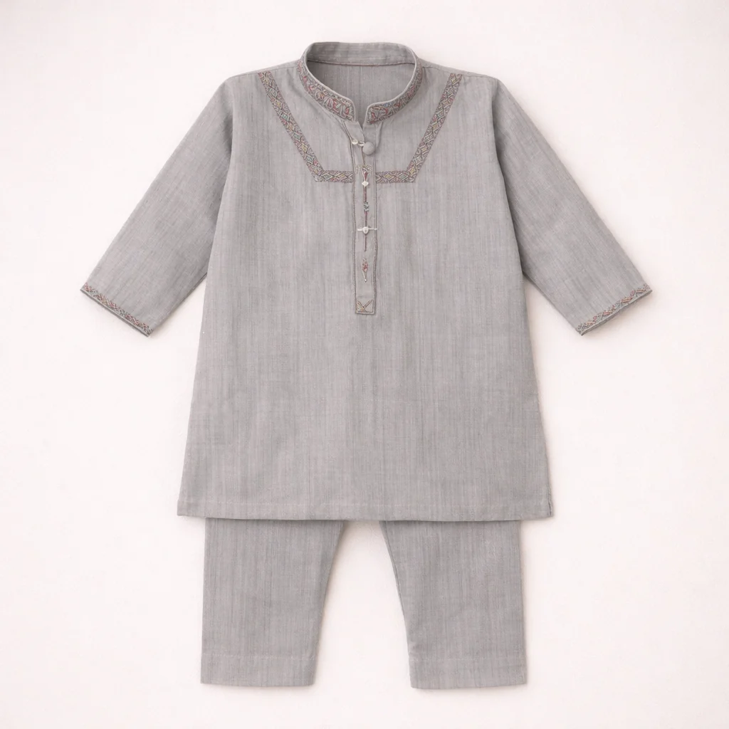 Boys Embroidered Kurta Pajama Set Grey - Topse