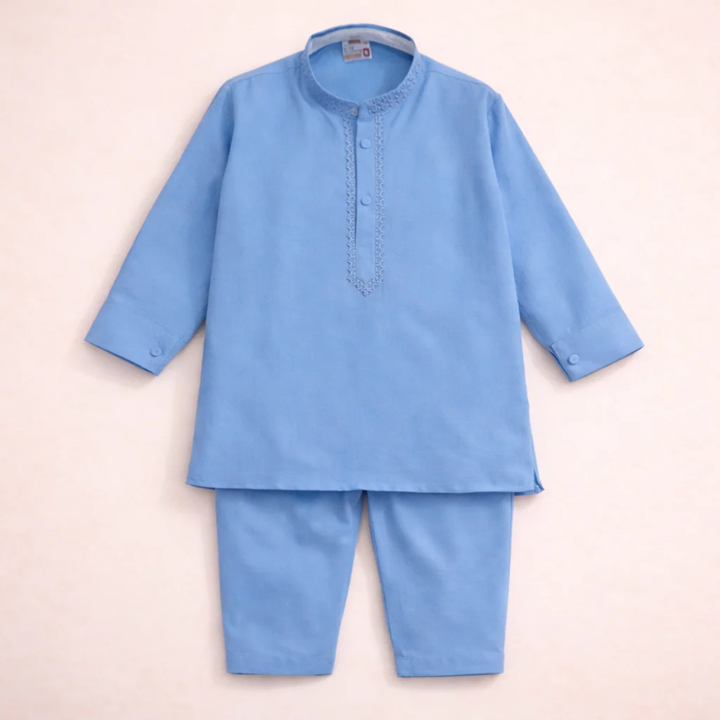 Boys Embroidered Kurta Pajama Set Kameez Blue - Topse