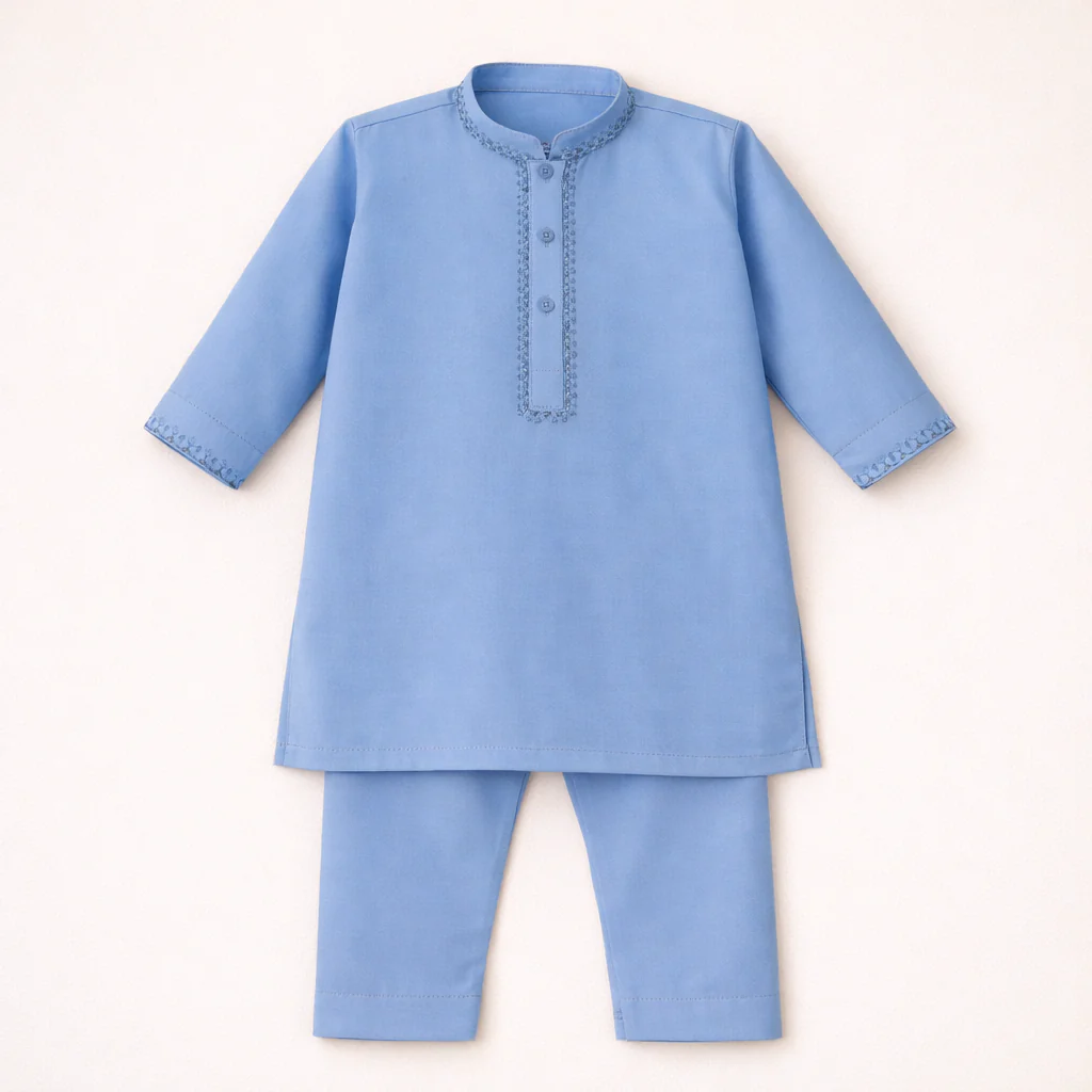 Boys Embroidered Kurta Pajama Set Kameez Blue - Topse