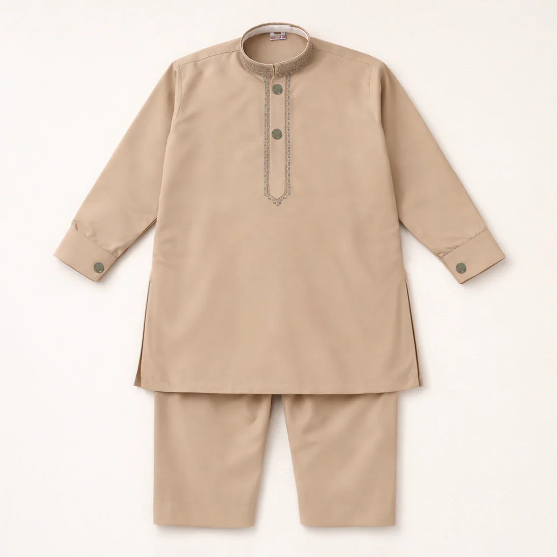 Boys Embroidered Kurta Pajama Set Kameez Brown - Topse