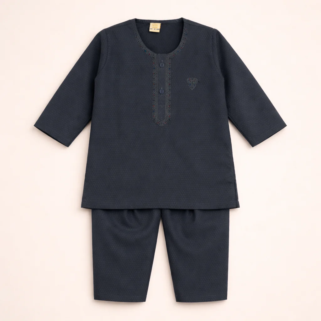 Boys Embroidered Kurta Pajama Set Kameez Dark Blue - Topse