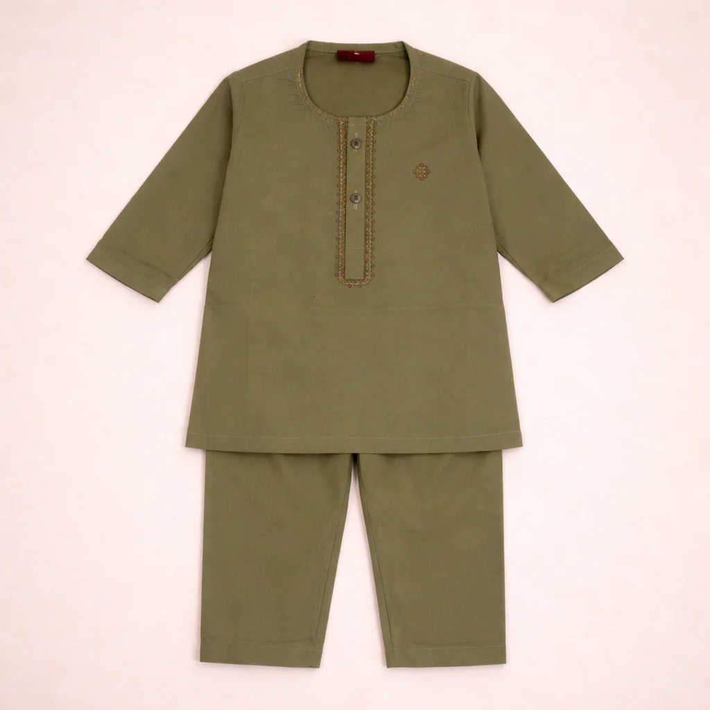 Boys Embroidered Kurta Pajama Set Kameez Forest Green - Topse