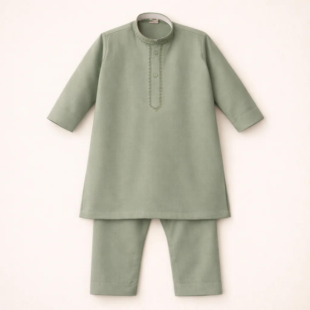 Boys Embroidered Kurta Pajama Set Kameez Green - Topse