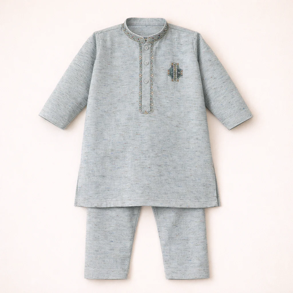 Boys Embroidered Kurta Pajama Set Kameez Grey - Topse