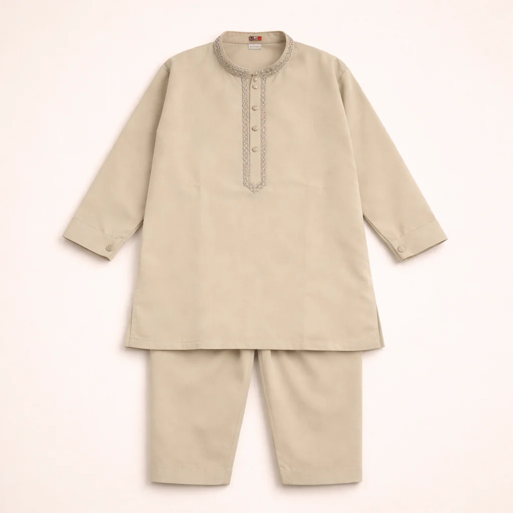 Boys Embroidered Kurta Pajama Set Kameez Light Beige - Topse