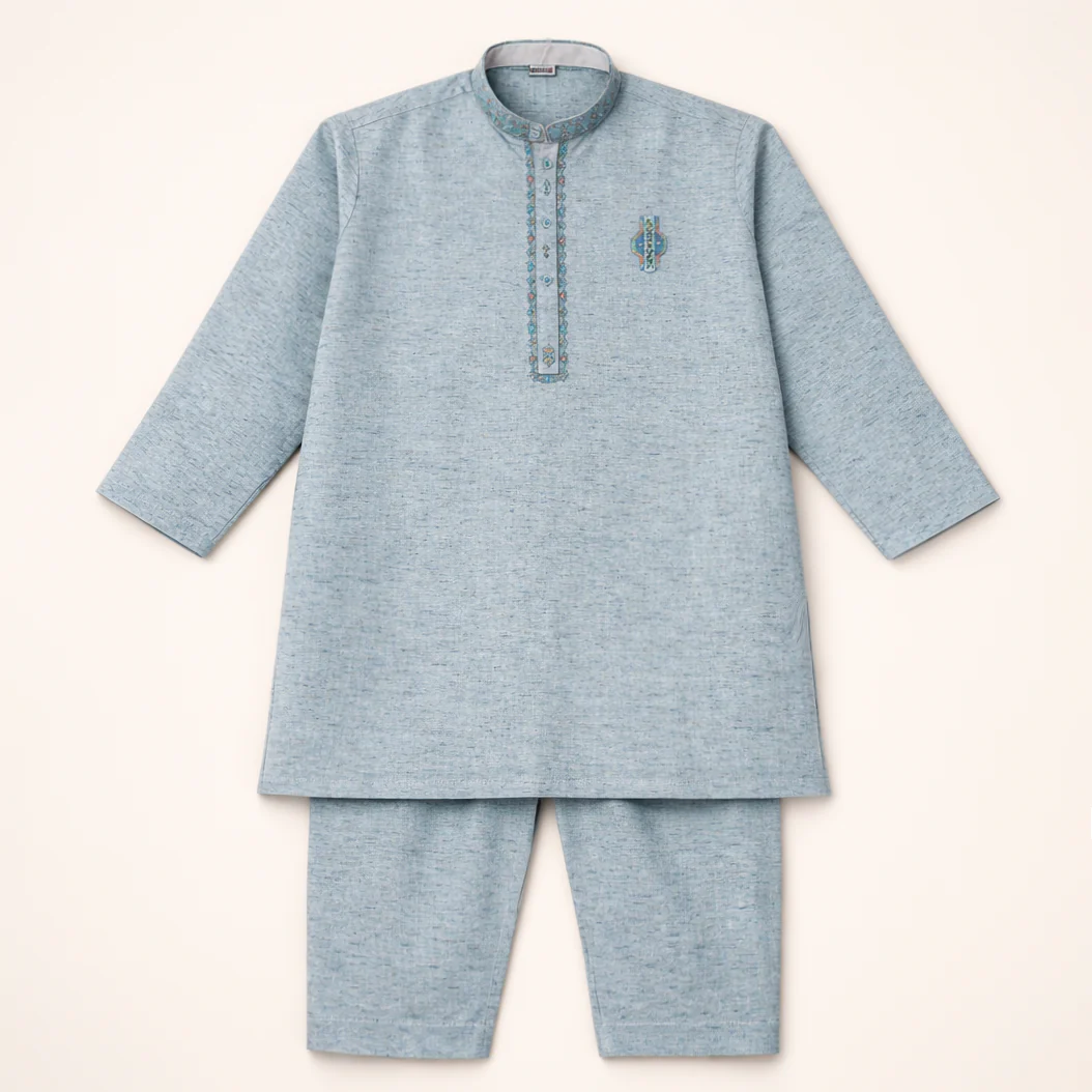 Boys Embroidered Kurta Pajama Set Kameez Light Blue - Topse