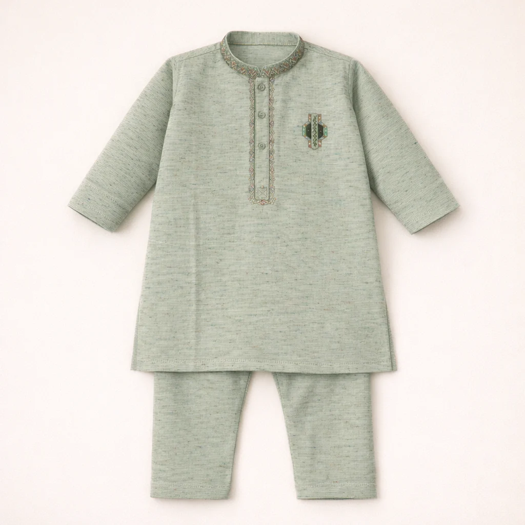 Boys Embroidered Kurta Pajama Set Kameez Light Green - Topse