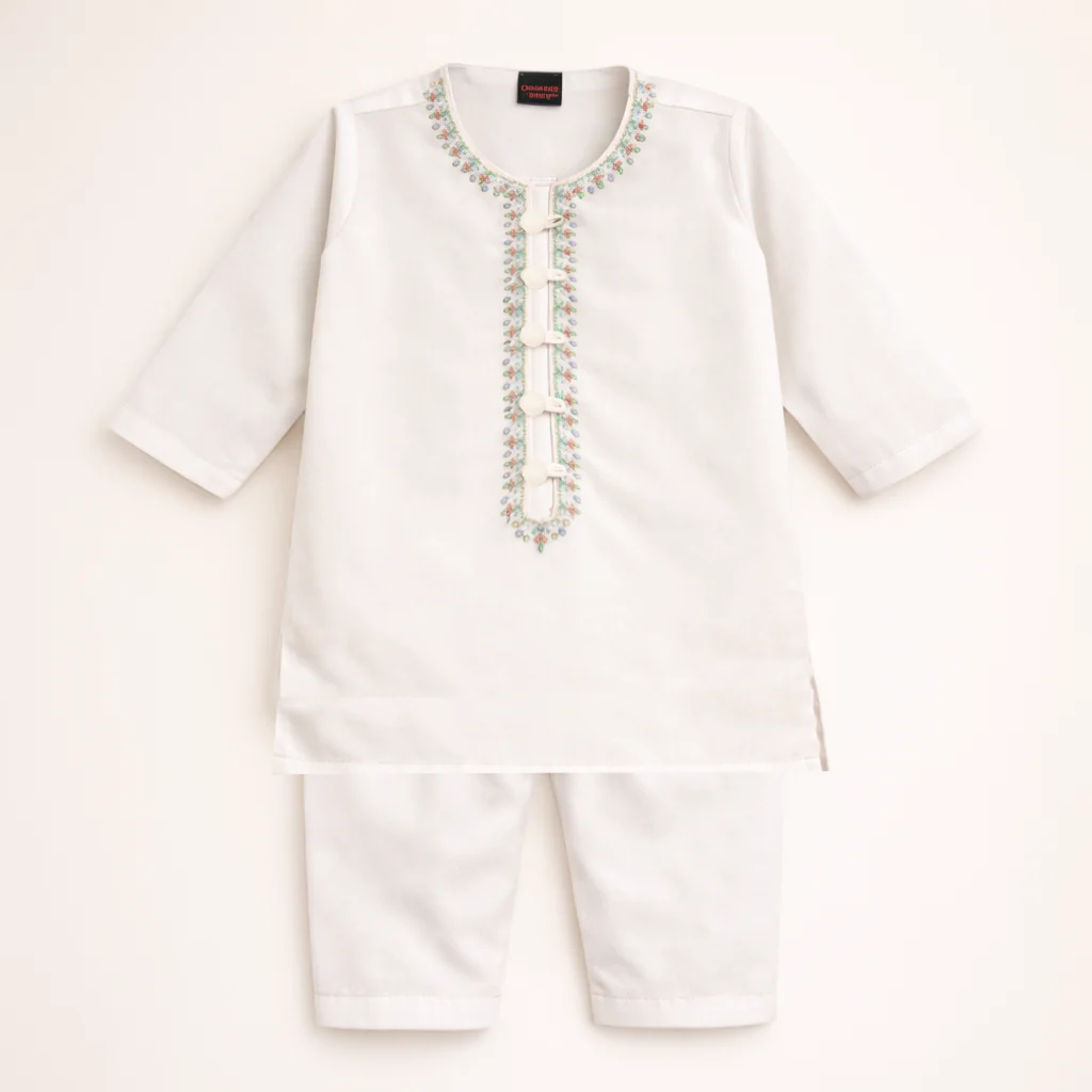 Boys Embroidered Kurta Pajama Set Kameez White - Topse