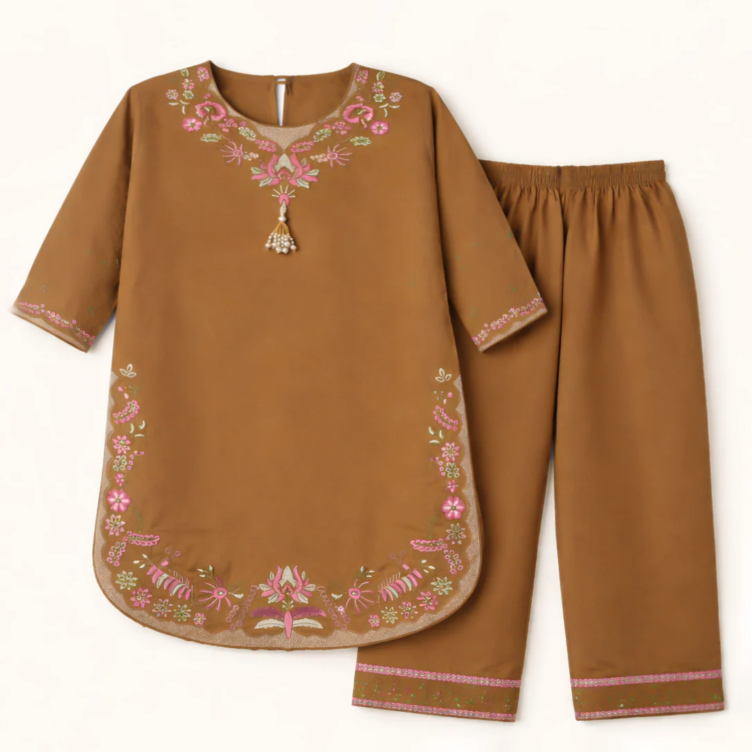 Girls 2Pcs Embroidered Ethnic Dress Set Brown - Topse
