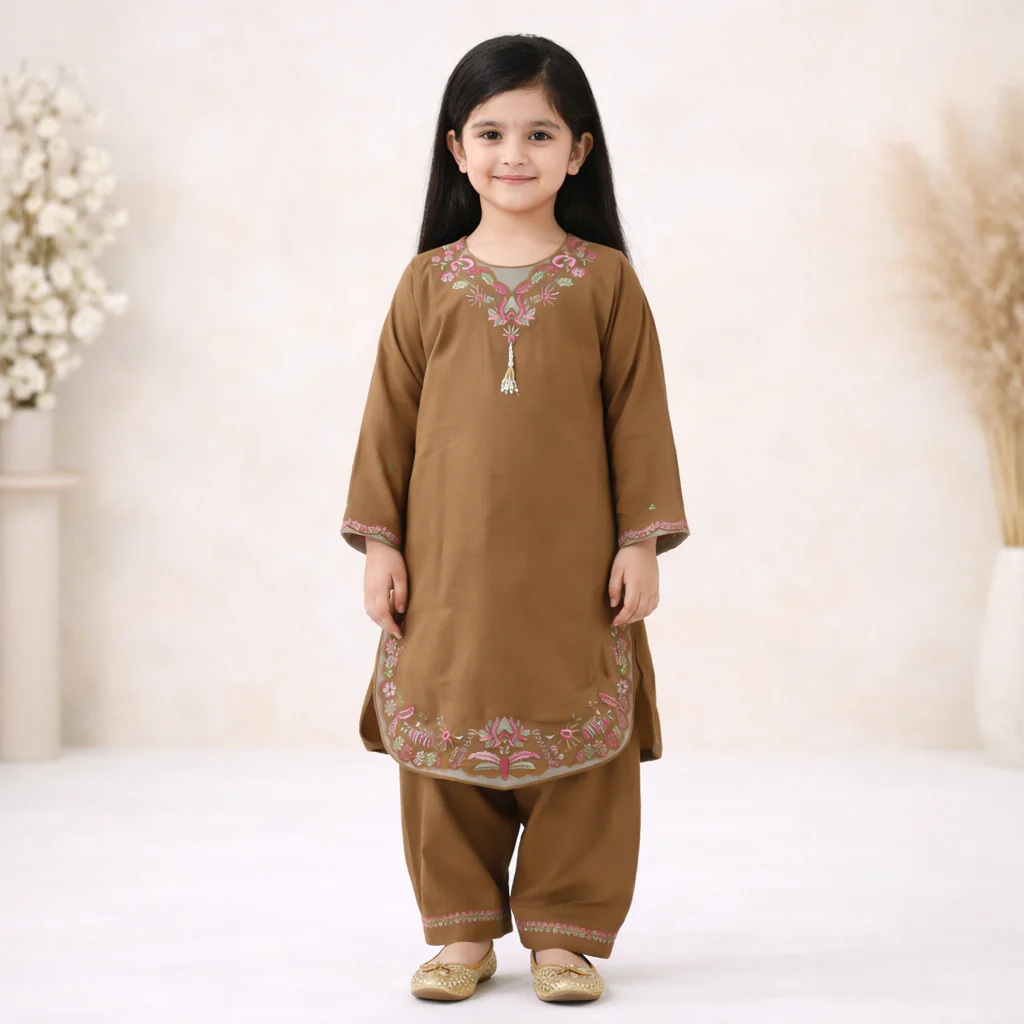 Girls 2Pcs Embroidered Ethnic Dress Set Brown - Topse - Image 2