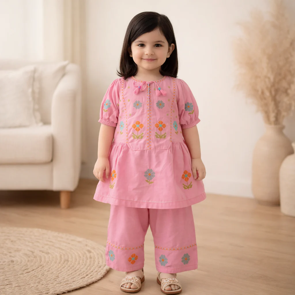 Girls 2Pcs Embroidered Ethnic Dress Set Pink - Topse - Image 2