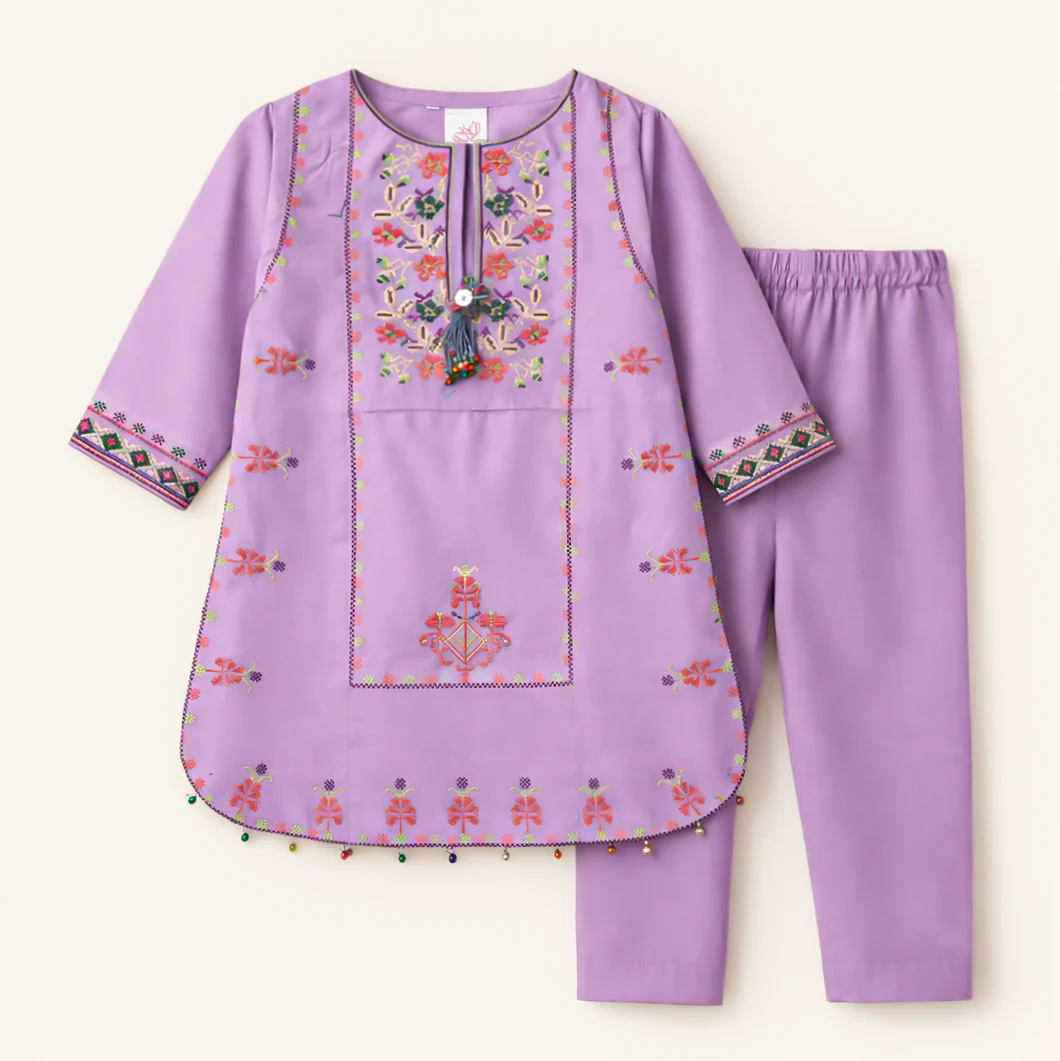 Girls 2Pcs Embroidered Ethnic Dress Set Purple - Topse
