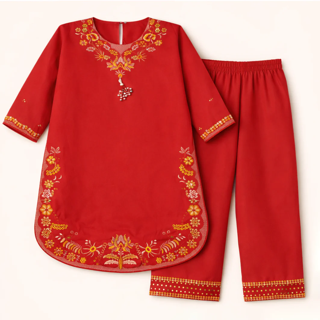 Girls 2Pcs Embroidered Ethnic Dress Set Red - Topse