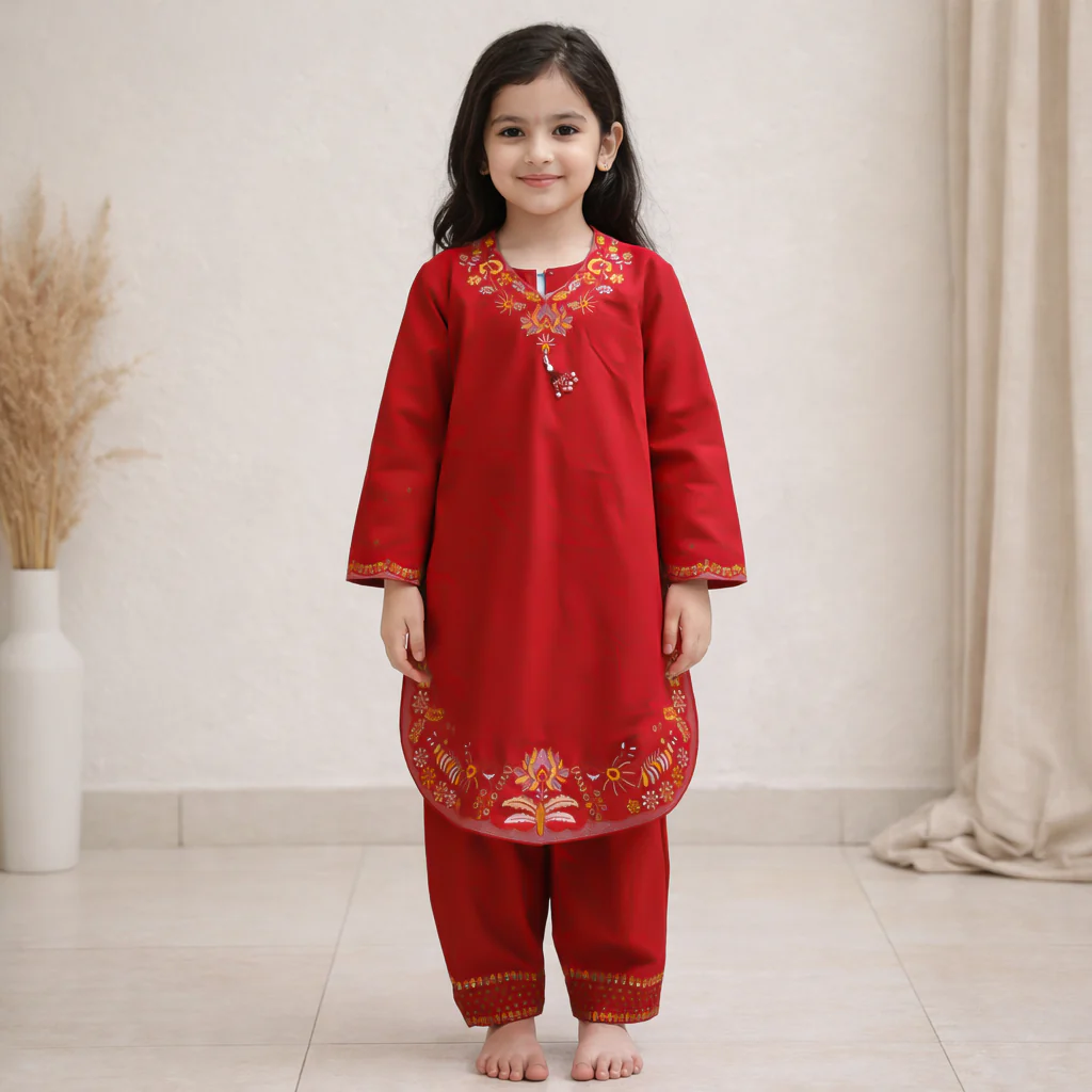 Girls 2Pcs Embroidered Ethnic Dress Set Red - Topse - Image 2