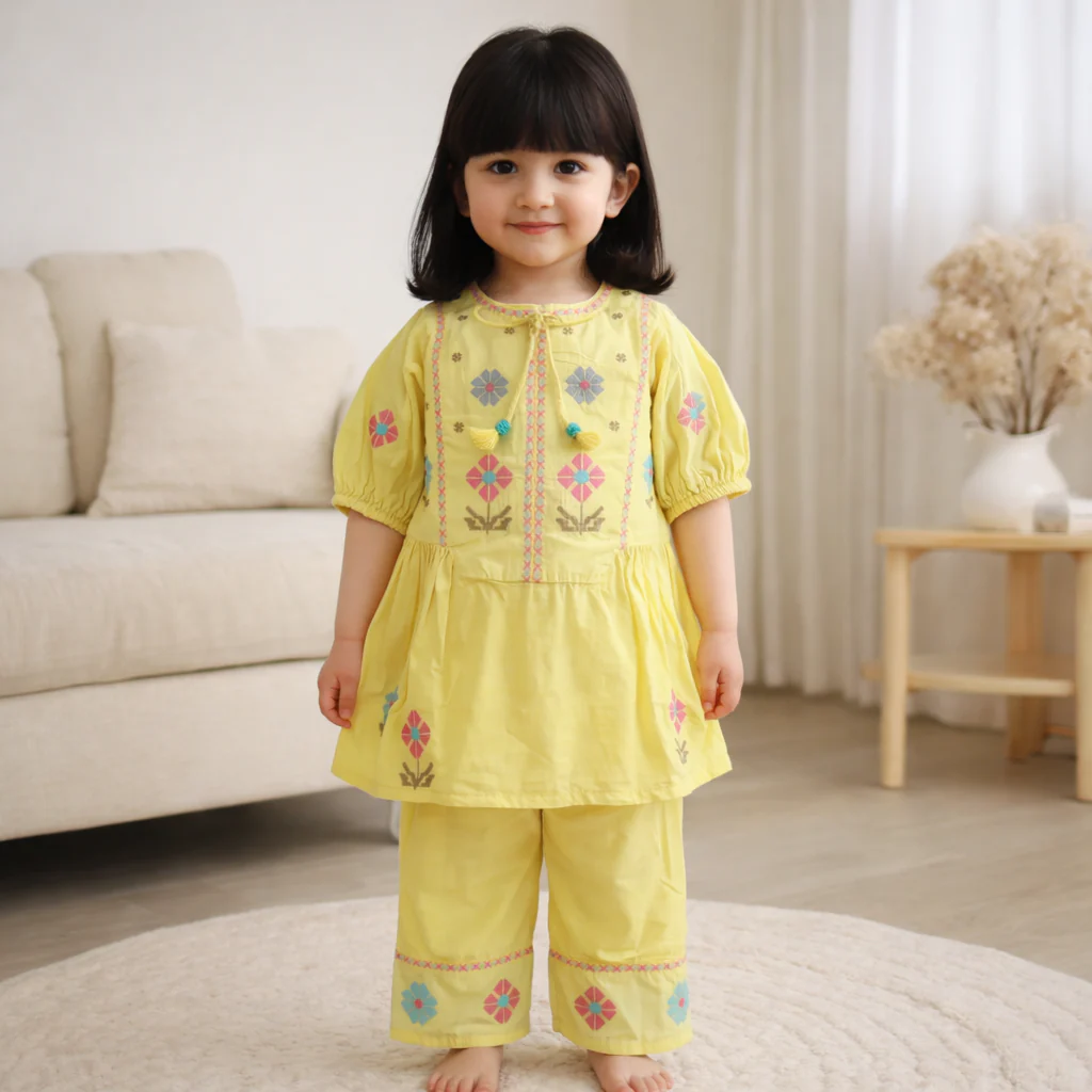 Girls 2Pcs Embroidered Ethnic Dress Set Yellow - Topse - Image 2
