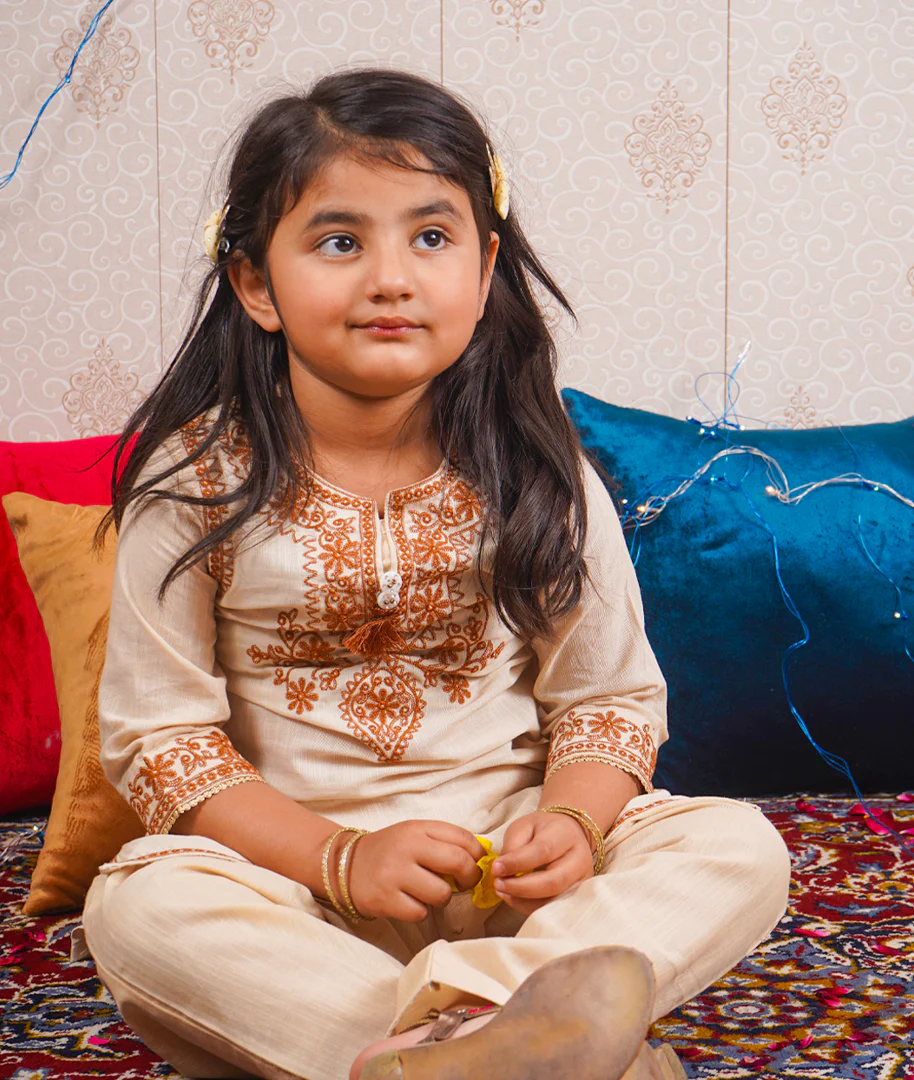 Girls 2Pcs Embroidered Ethnic Dress Set Light Brown - Topse
