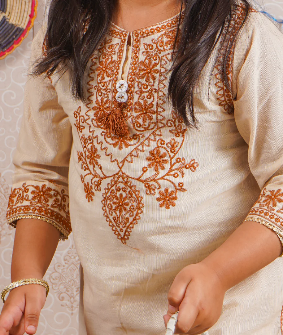Girls 2Pcs Embroidered Ethnic Dress Set Light Brown - Topse - Image 10