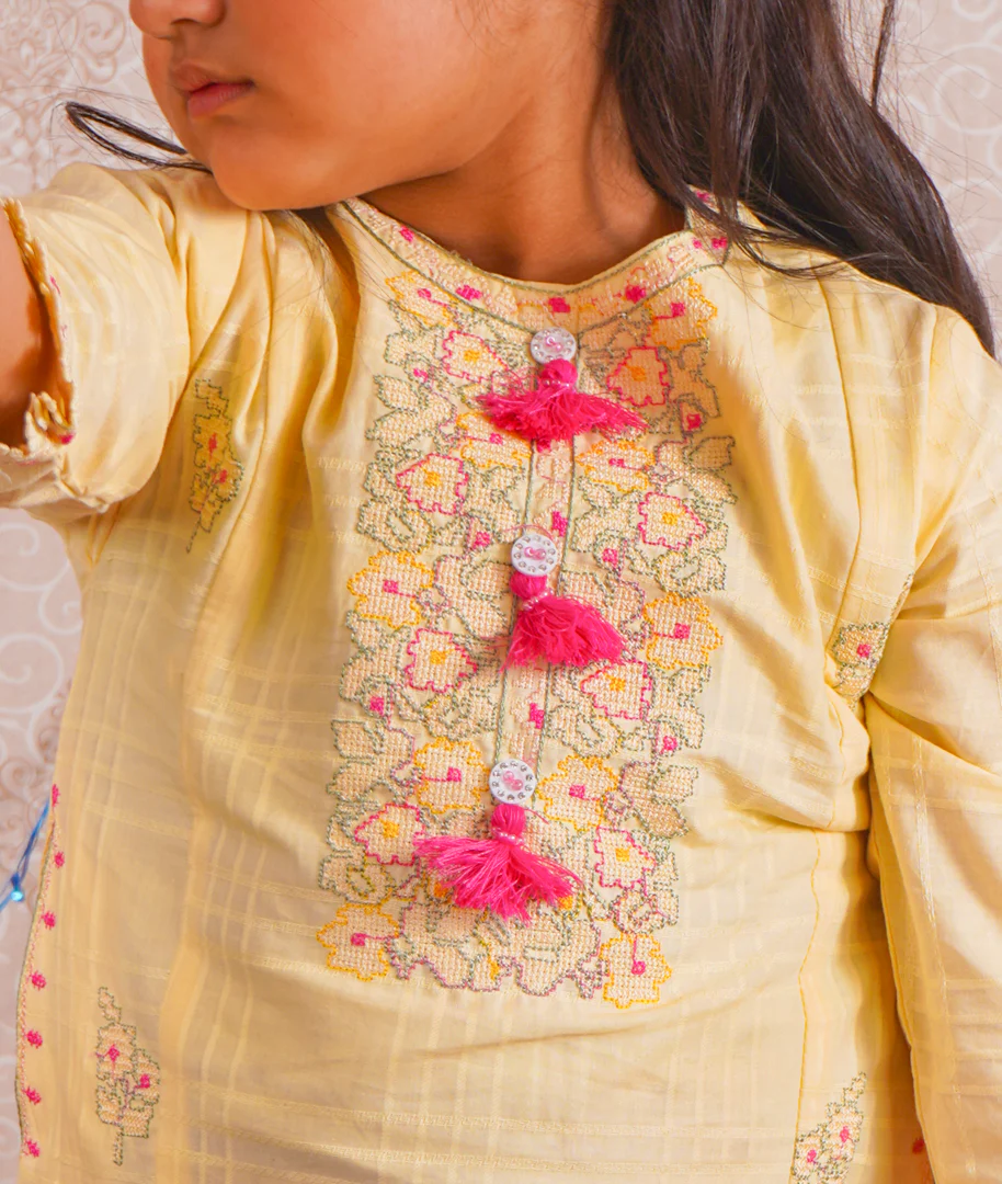 Girls 2Pcs Embroidered Ethnic Dress Set Yellow - Topse - Image 3