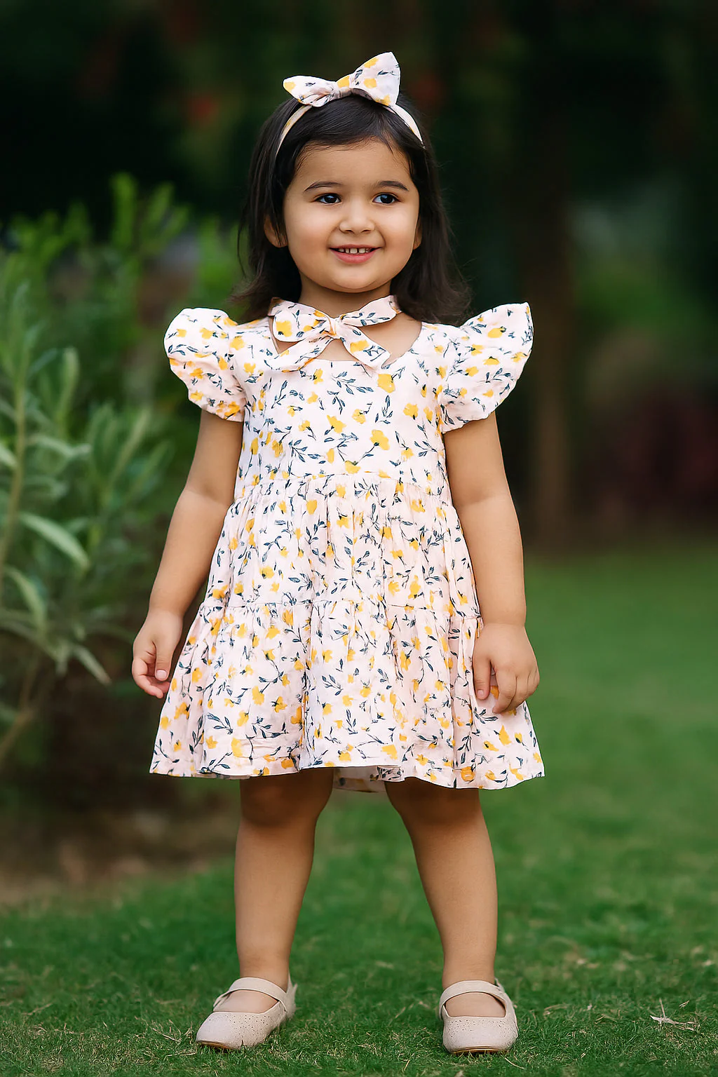 Girls Cotton Frock Flowers Peach - Sunshine