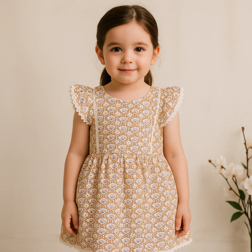 Girls Cotton Frock Flowers Purple & Mustard - Mini Charm - Image 2