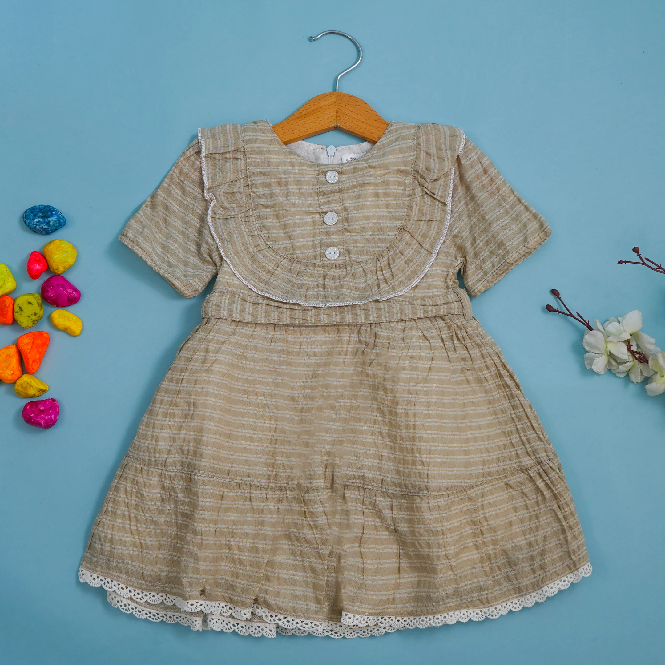 Girls Cotton Frock Stripes Beige - Mini Charm - Image 4