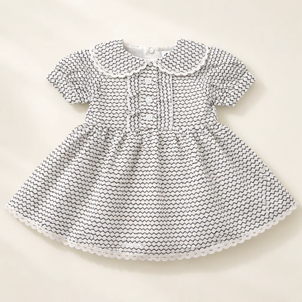 Girls Cotton Frock White & Black - Oolaa