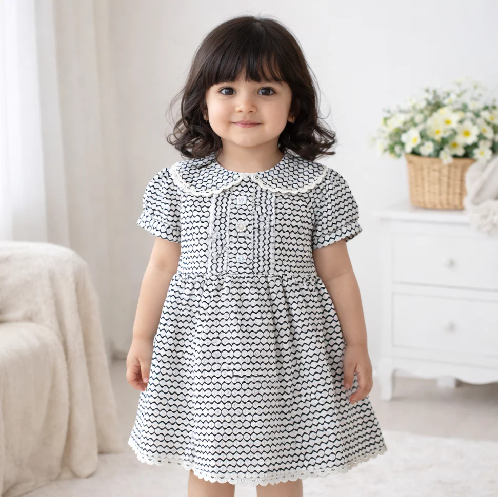 Girls Cotton Frock White & Black - Oolaa - Image 2