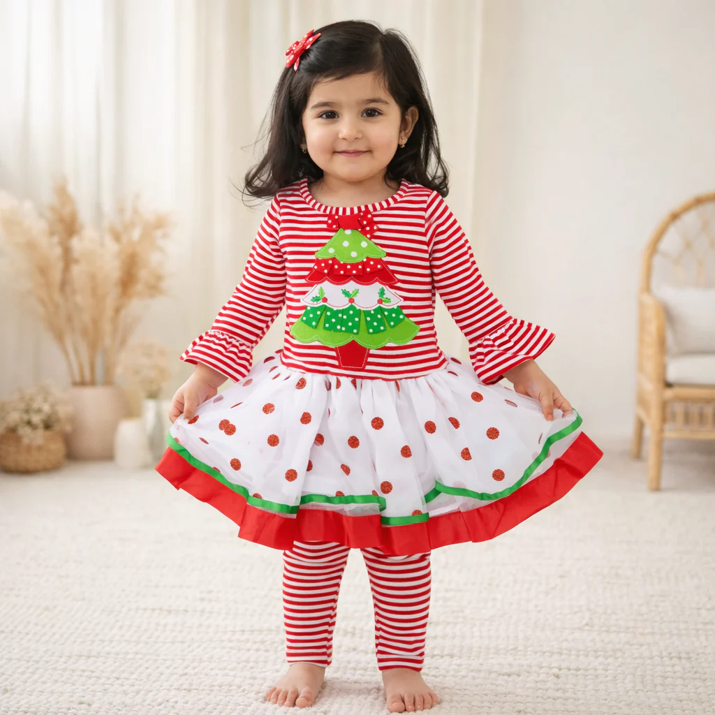 Girls Cotton Full Sleeves Frock & Pajama Set Xmas Red - Sunshine - Image 2