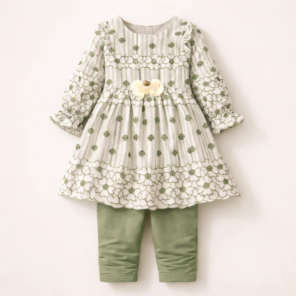 Girls Frock Set Flowers Green - Topse
