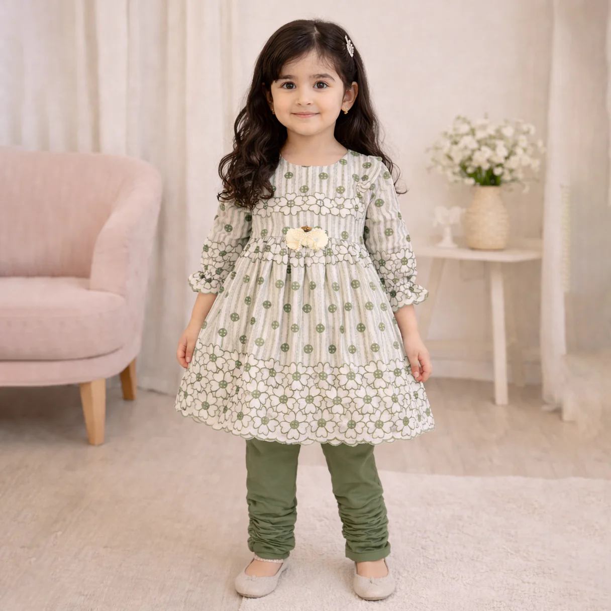 Girls Frock Set Flowers Green - Topse - Image 2