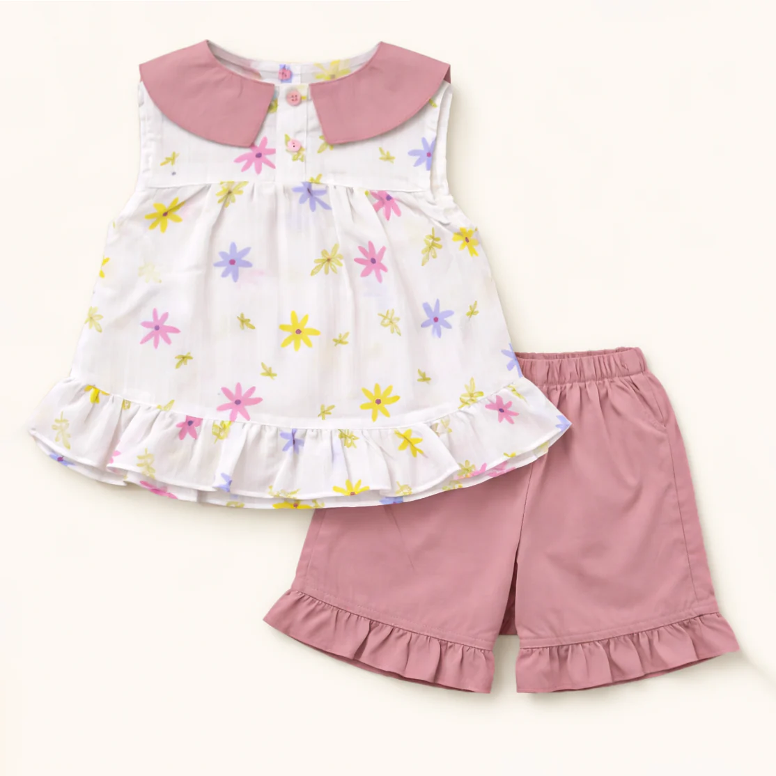 Girls Frock Set Flowers Pink - Oolaa
