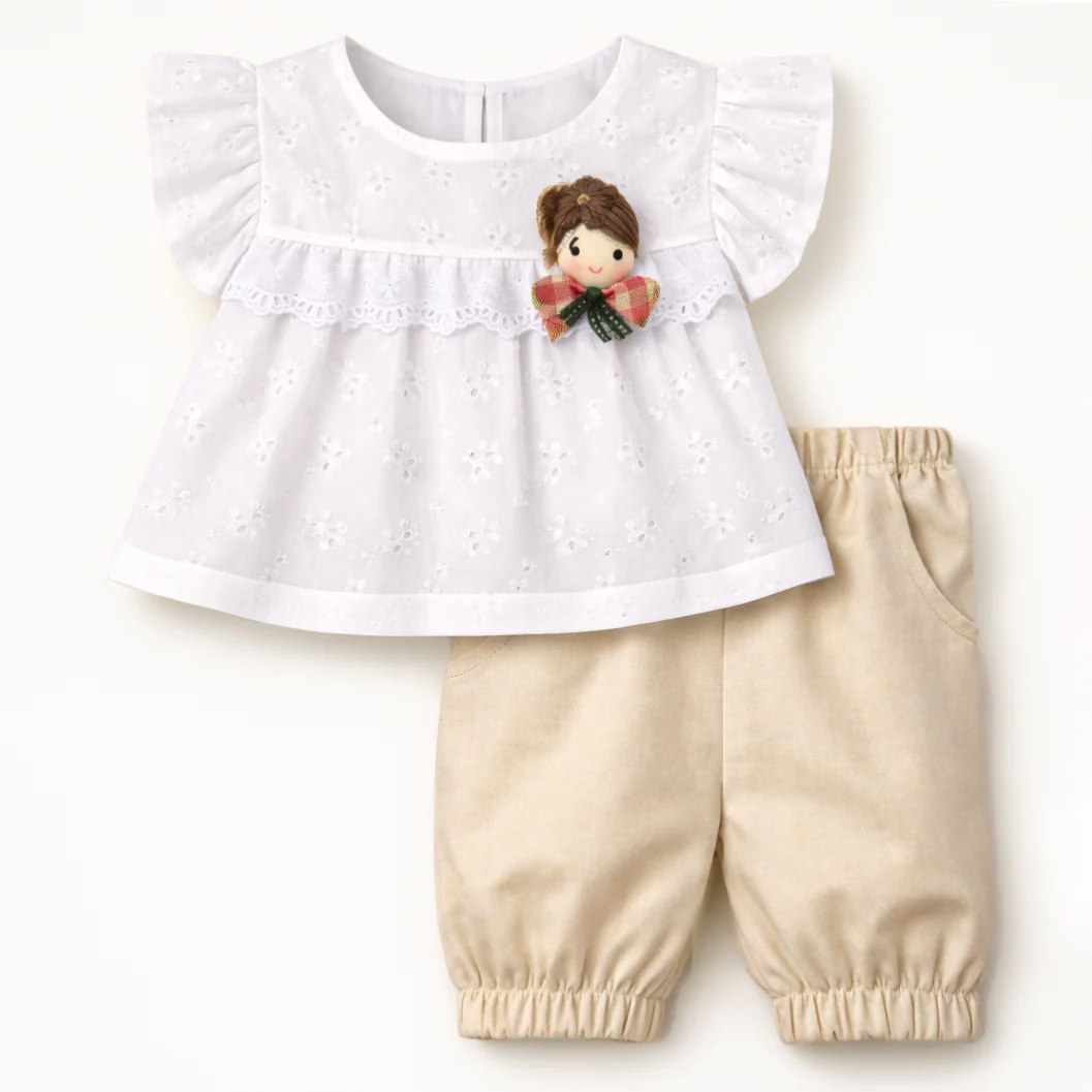 Girls Frock Set White & Brown - Topse