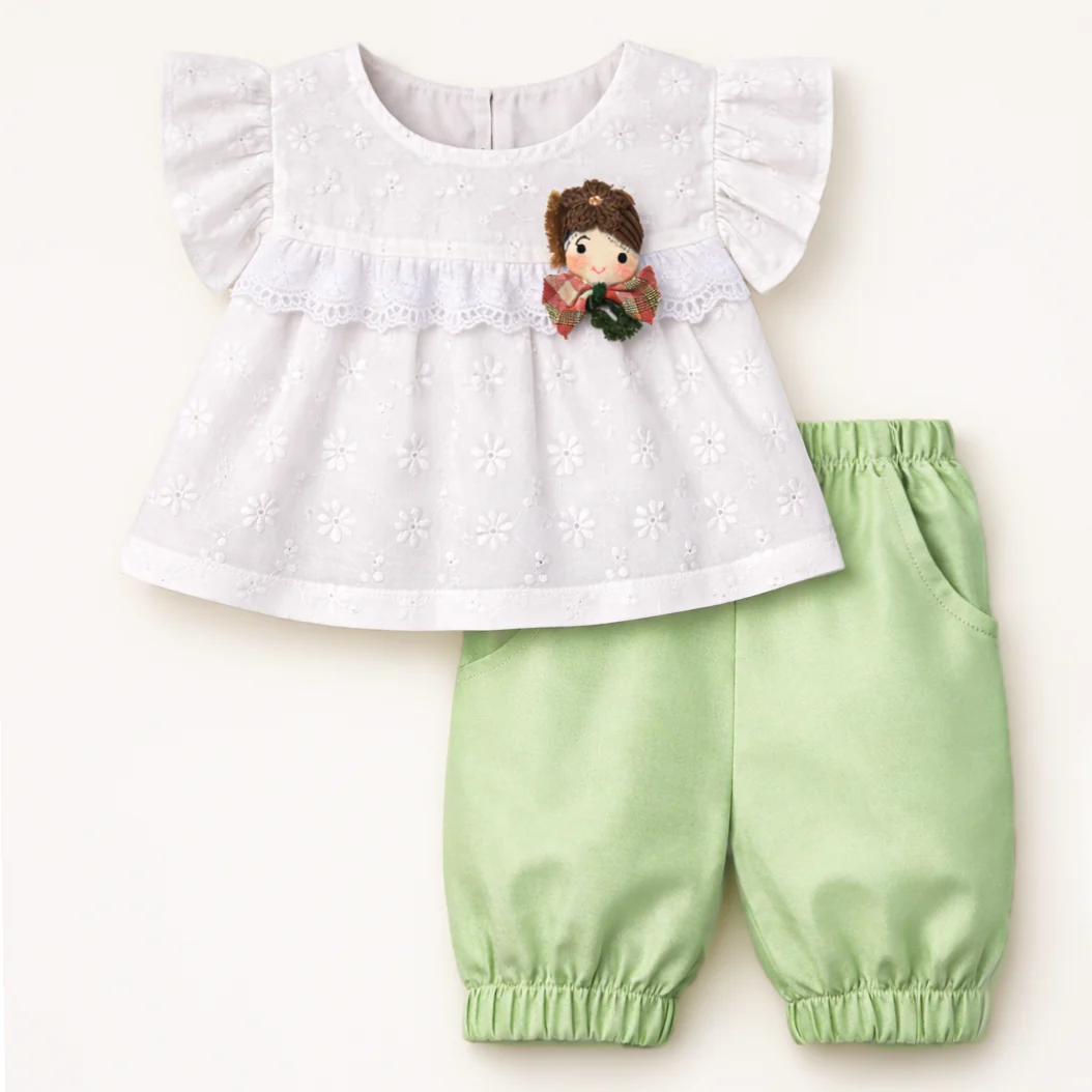 Girls Frock Set White & Green - Topse