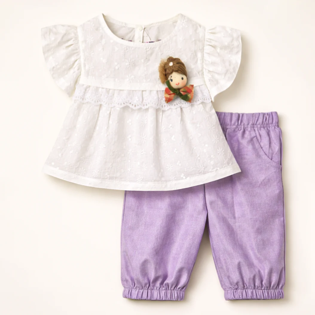 Girls Frock Set White & Purple - Topse