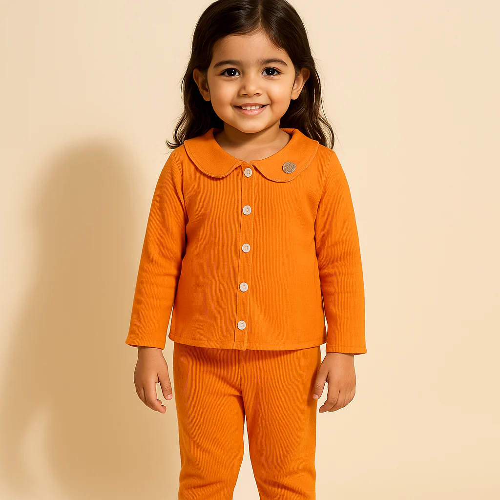 Girls Full-Sleeves Nightwear Pajama Set Orange - Sunshine - Image 2
