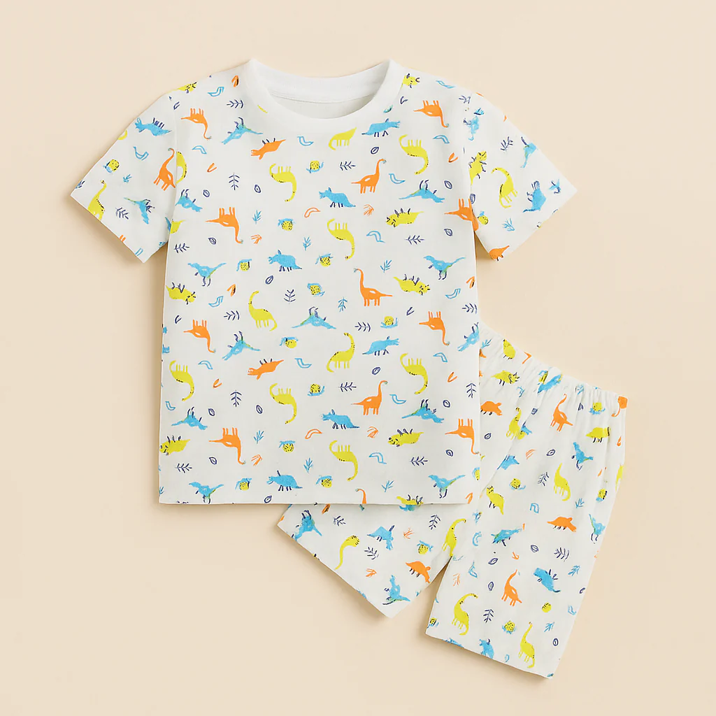 Girls Half-Sleeves T-Shirt & Short Set Dinosaur White - Mini Charm