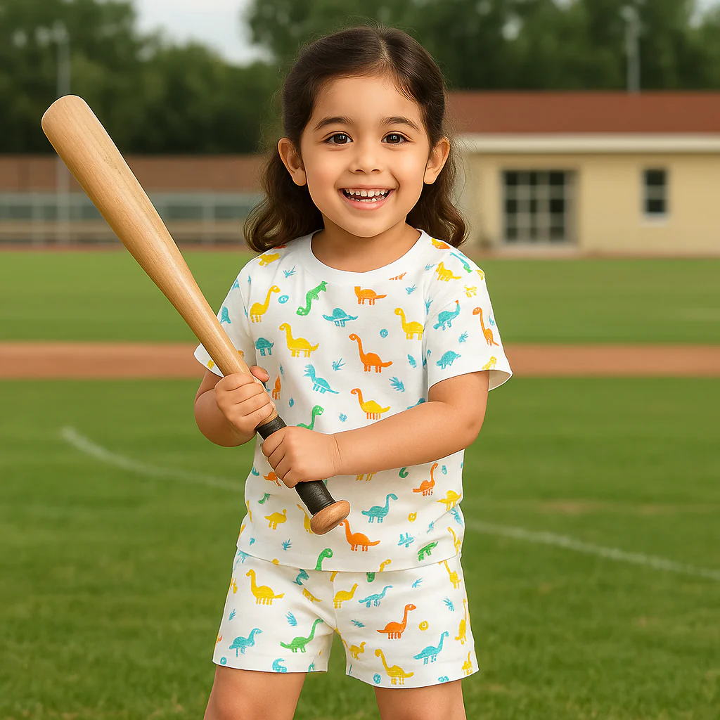 Girls Half-Sleeves T-Shirt & Short Set Dinosaur White - Mini Charm - Image 3