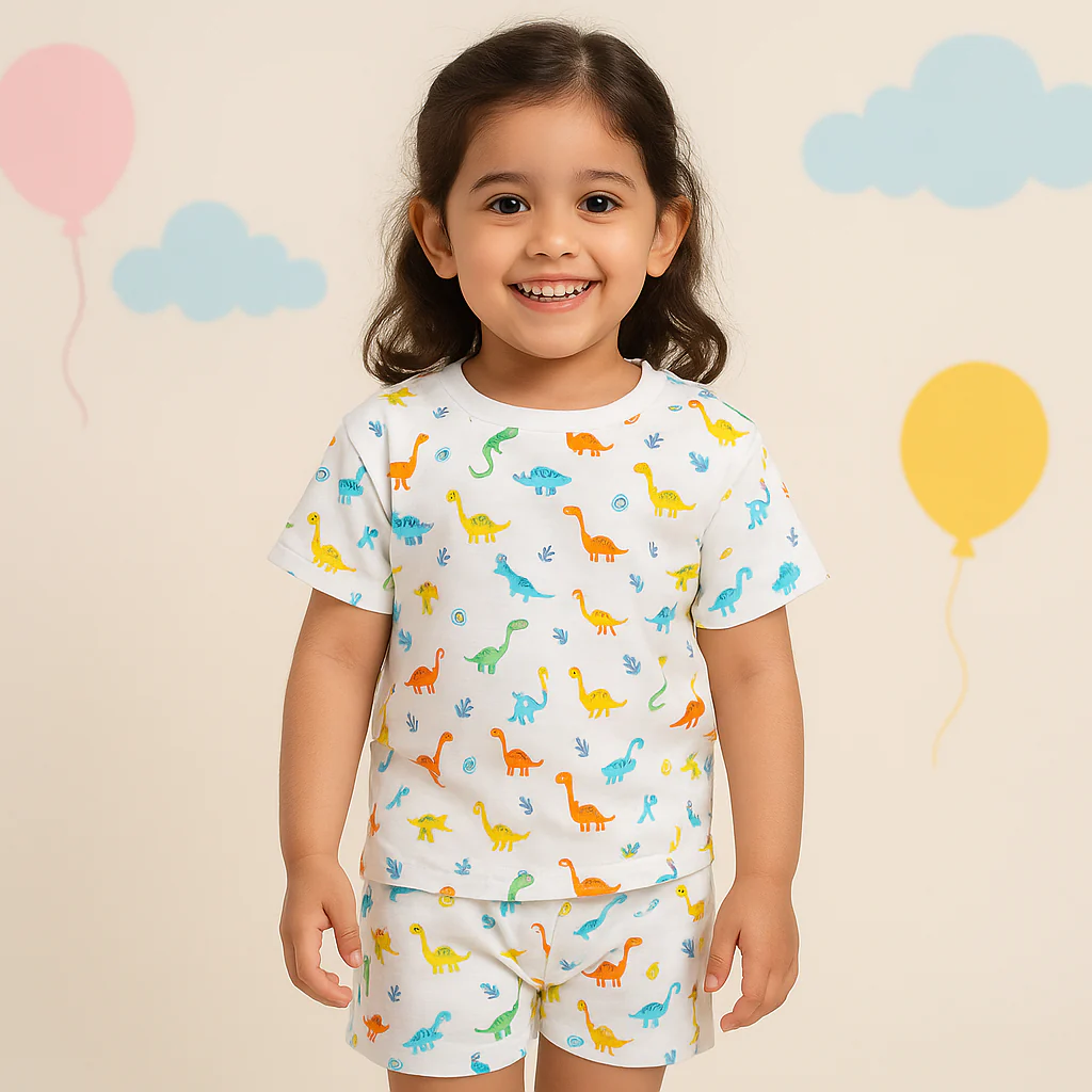 Girls Half-Sleeves T-Shirt & Short Set Dinosaur White - Mini Charm - Image 9
