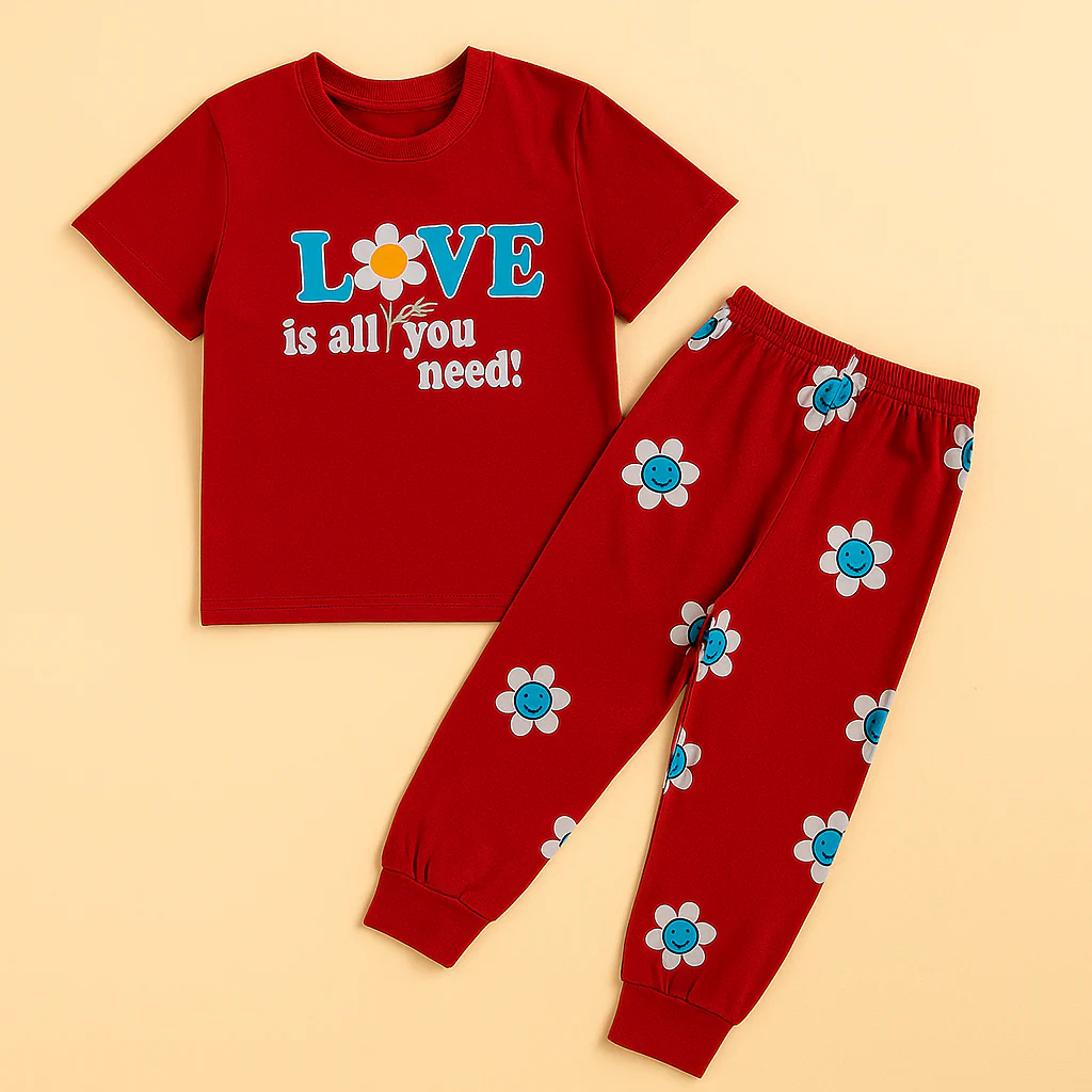 Girls Half-Sleeves T-Shirt & Short Set Love Dark Pink - Mini Charm